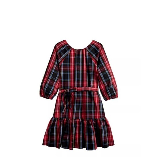 Draper James RSVP Tiered Midi Dress XL Red Black Plaid Smocked Bow Back Stretch - Picture 3 of 12